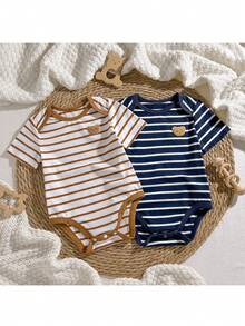 Loomiva 2pcs Baby Boy Cartoon Bear Print Striped Round Neck Short Sleeve Romper Set - Multicolor - View 1