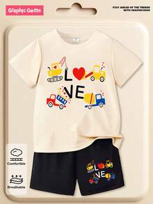 SHEIN 一套男婴休闲创意个性化清新简约可爱卡通卡车挖掘机爱心图案字母印花短袖T恤和短裤，舒适套装，适合情人节节日氛围 - 彩色 - 查看 8