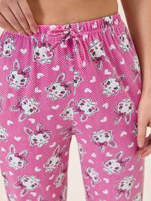 Loomlin 100%纯棉可爱休闲女式粉色兔子图案假抽绳弹力高腰长款舒适睡裤 - 粉色 - 查看 5