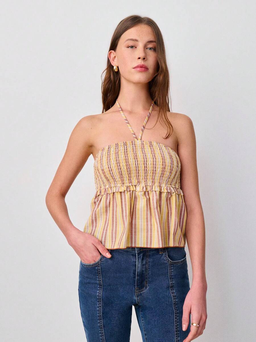 Nöista Striped Halter Top With A Smocked Bodice And A Flared, Peplum Hem. Spring, Summer, Easter. - Yellow - View 1