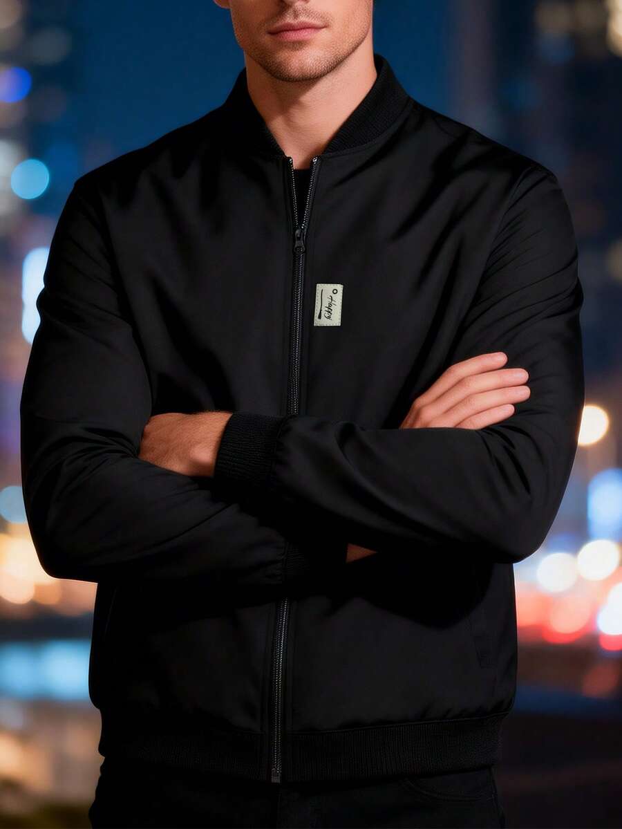 EGENSIO Men's Letter Embroidered Zip-Up Baseball Jacket - Black - View 1