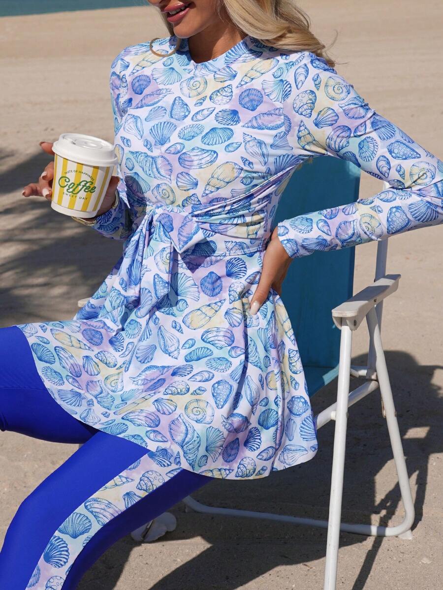 Swim Mulvari Women's 2 Pieces Burkini Set, Shell Tie-Dye Print Blue Patchwork Pants With Knotted Front Design, Vacation Beach Burkini Set - Blue - View 1