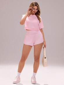 Sovereign Charm Pantalones cortos deportivos de mujer de unicolor, cintura alta, con bolsillos, versátiles para uso diario - Rosa - Ver 3