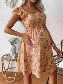 SHEIN Gaun Kasual Hamil Motif Bunga Kerah Persegi Lengan Pendek untuk Liburan - Khaki - View 4