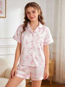 Bộ 2 món/Bộ đồ ngủ tay ngắn cổ polo in họa tiết quả anh đào & nơ cho bé gái tuổi teen, thoải mái, dễ mặc - Hồng - Xem 3