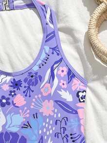 SHEIN 少女连体泳衣，可爱紫色、白色波点和粉色碎花印花，针织面料，可调节颈带，连体泳衣配短裤，两件套，时尚休闲优雅女士款，适合游泳、夏季度假、海滩、泳池、节日派对等场合。 - 紫色 - 查看 3