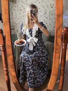 CottageSlumber Women's Vintage Ditsy Floral Patchwork Lace Trim Loose Long Nightgown, Palace Style - Navy Blue - View 7