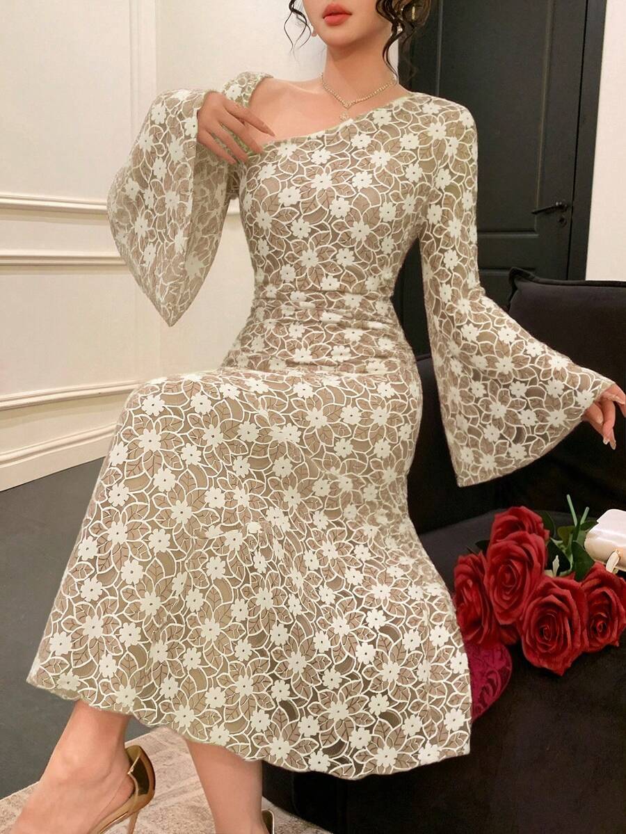DAZY Women's Elegant Lace Asymmetric Ruched Long Dress, Spring/Summer Sundress - Apricot - View 1