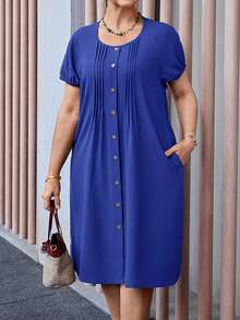 Plus Size Casual Solid Color Button Front Dress, Summer - Royal Blue - View 6