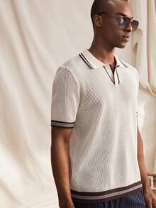 RONVEXI Men's Contrast Trim Hollow Out Polo Collar Knit Short Sleeve Top - Apricot - View 6