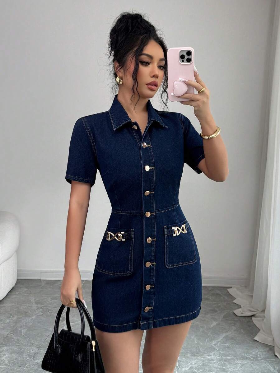 Elenzga 女士短袖单排扣口袋休闲牛仔连衣裙 - 藍色 - 查看 1