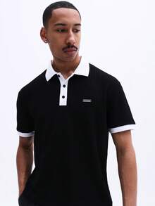 SUMWON Men's Ribbed Knit Polo Shirt With White Contrast Collar And Sleeve Trim Classic Button Placket Short Sleeve Summer Casual Top - Black - View 4