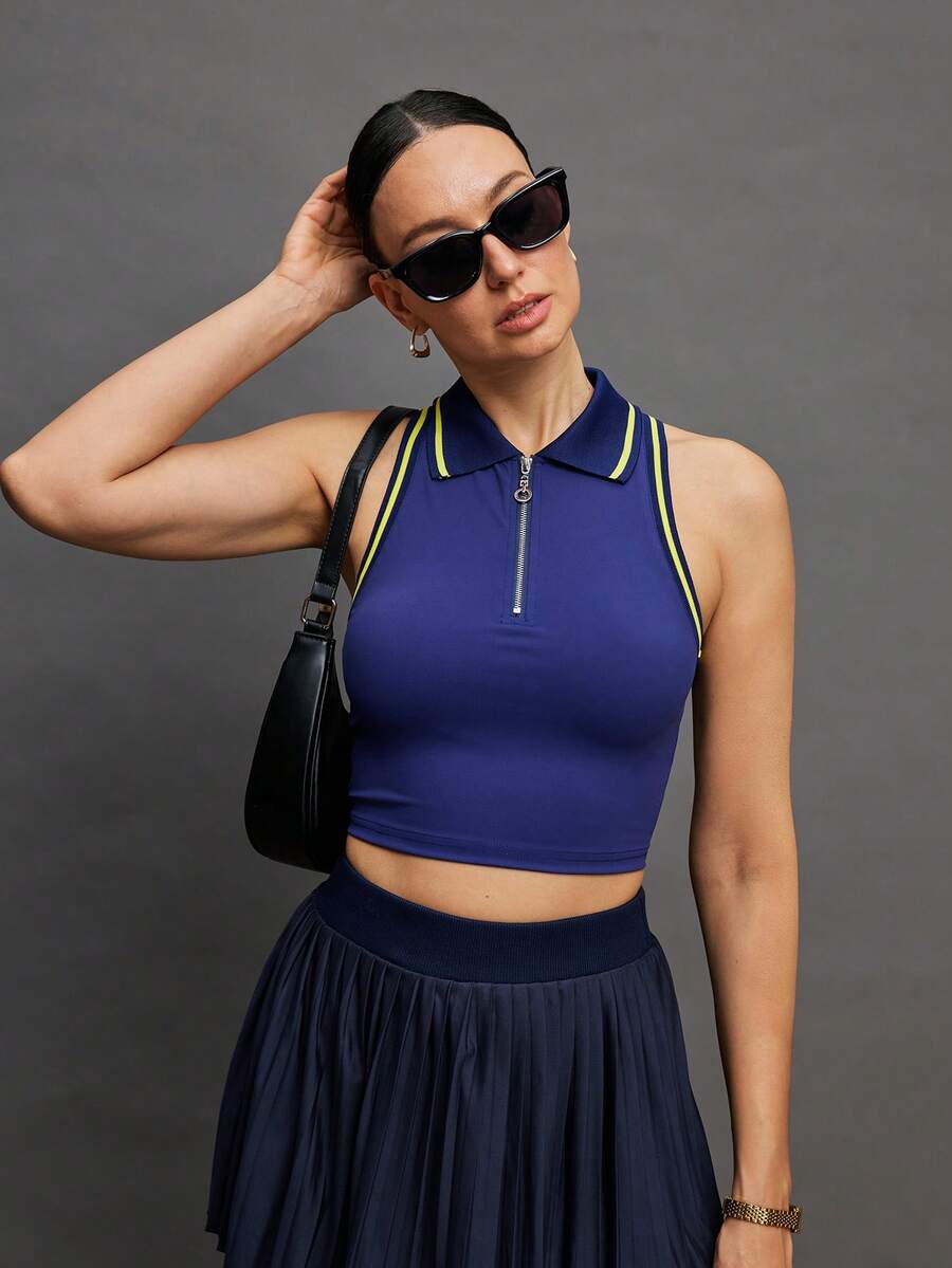 Activina Women's Tennis/Golf Colorblock Half-Zip Sleeveless Sports Polo Shirt No Sleeve Zipper Sport Top Women Sport Crop Top Shirt Sporty Top Navy Blue - Navy Blue - View 1