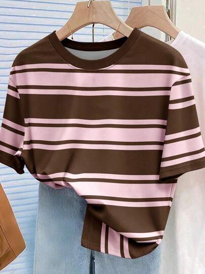 Casual Fashion Colorful Striped Round Neck Short Sleeve T-Shirt For Girls, Comfortable Summer & Autumn Style Suitable For Daily Wear, Minimalist Round Neck Top For Teenage Girls, Colorful Striped Suitable For Women Casual, Home, Daily, Vacation, All Season Matching, Pink, Khaki
