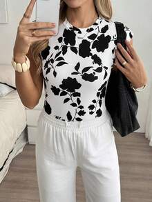 Louniche Women's Printed Crew Neck Bodysuit - Black and White - View 4