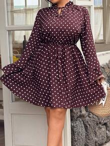 Calvaya Vestido de línea A con cinturón, puños con volantes y lazo, de manga larga con estampado de lunares, para mujer de talla grande. Elegante y romántico, ideal para citas, vacaciones, playa, negocios, té de la tarde, viajes, verano y primavera casual. - Marrón - Ver 5