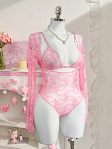 PetitDoll Set de 2 piezas de bodys sexy de encaje semitransparente para mujer, regalo del Día de San Valentín - Rosa - Ver 6
