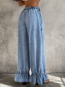 Sunnyshic Quần jeans nữ cạp chun xếp ly, kiểu dáng thường ngày, đa năng. - Màu xanh lam - Xem 2