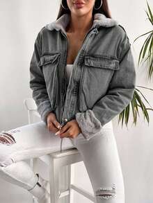 EURMUSE 100%Cotton Fuzzy Collar Flap Pocket Drop Shoulder Denim Jacket - Grey - View 3