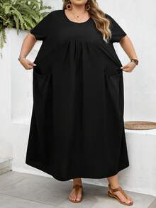 SHEIN CURVE+ Curve 尺码 US22 音乐节、海滨度假、波西米亚风女士纯色长款双口袋休闲沙滩裙 - 黑色 - 查看 6