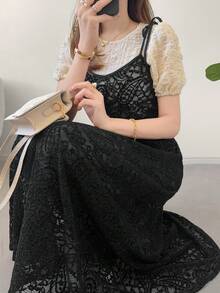 Đầm ren nữ kiểu slip dress với dây đeo có thể điều chỉnh, eo ôm sát, lớp vải voan mỏng bên ngoài, dáng dài chống nắng dành cho nữ. - màu đen - Xem 8