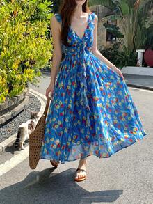 DAZY Đầm midi mùa hè in họa tiết toàn thân dành cho nữ, phong cách Hàn Quốc tươi mới. - Màu xanh lam - Xem 6