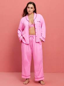 LUVLETTE Plus Size Soft 100% Pure Cotton Contrast Trim Basic Button-Up Top & Pants Pink Loungewear Pajama Set Pants With Pockets Lounge Sets For Women Valentine's Day Gifts Pyjama Cotton Pajamas - Pink - View 7