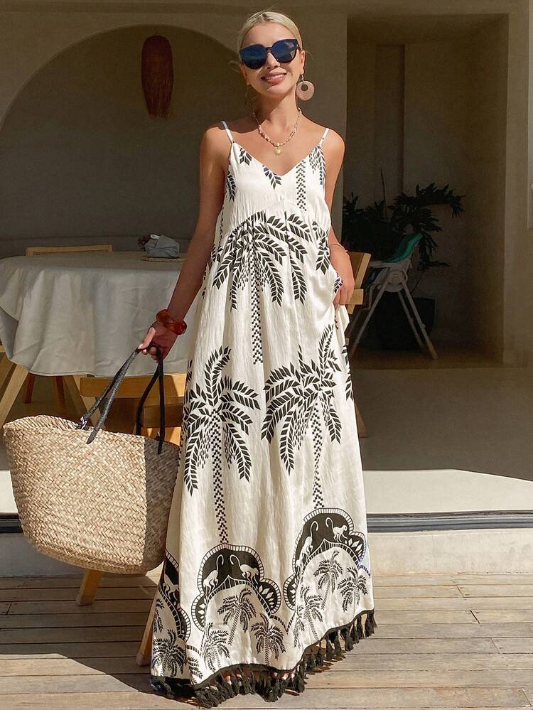 Women's Summer Spaghetti Strap Dress, Floral Print Maxi Vacation Dress Sundress Boho