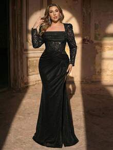 Glamrae Plus Size Elegant Romantic Black Heart Neck Long Sleeve Sheer Luxury Beaded Chiffon Waist See-Through Fish Bone Ruffle Hem High Slit Mermaid Hem Dress, Suitable For Wedding, Party, Celebration, Formal Evening Gown (Intricate Design) - Black - View 3