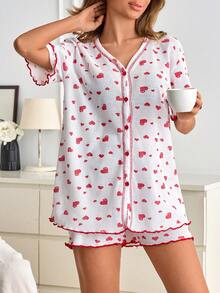 SHEIN %100 Cotton Button Detailed Heart Print With Lettuce Trim Casual 2 Pieces Pajama Set - White - View 5