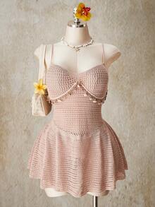 SHEIN ICON 大码性感V领贝壳流苏装饰低腰A字透视针织连衣裙 - 米色 - 查看 4