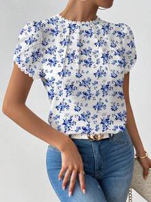 Pariaura Women's Elegant Casual Floral Print Ruffle Collar Petal Sleeve Blouse - Blue - View 6