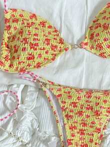 Swim Vcay 2026 New Retro American Style Sweet & Spicy Ditsy Floral Halter Bikini Top - Multicolor - View 4