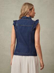 WESTFADE Colete Denim Azul Escuro Elegante de Verão para Brunch Feminino com Gola com Babados, Botões na Frente, Sem Mangas, Mistura de Algodão, Estilo Boho Cowgirl Rodeio Western Country para Concerto - Lavagem escura - Visão 2