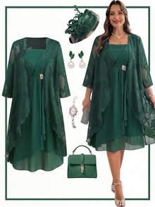 Ellevyn 大码女式镂空前开衫和腰部水钻装饰褶皱肩带连衣裙优雅套装 - 墨綠色 - 查看 14
