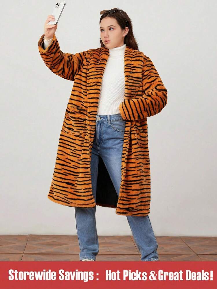 Teen Girl Tiger Skin Print Open Front Coat