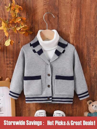 男婴开衫毛衣，灰色针织长袖前开式休闲舒适保暖夹克，带口袋和条纹设计，适合秋冬季穿着，时尚适合日常、居家、户外和旅行