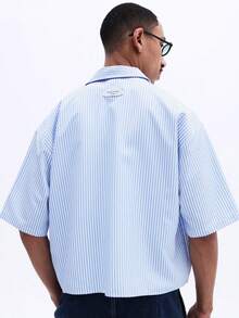 SUMWON Men's Red Embroidered Script Striped Button Down Short Sleeve Oversized Summer Shirt With Chest Pocket,  Men S Work Shirts, Shirts Streetwear - Blue and White - View 2