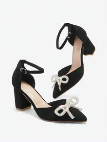 2025秋冬季仿珍珠蝴蝶结优雅粗跟鞋，尖头镂空高跟鞋，适合婚礼季，优雅女士高跟鞋，优雅派对装扮 - 黑色 - 查看 4