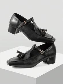 Mnmlis Women's Tassel Design Buckle Closure Square Toe High Heel Shoes - Black - View 2
