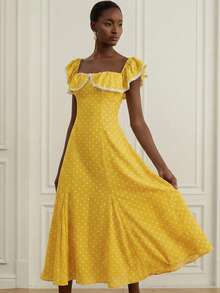 BELROSIE French Retro Black & White Polka Dot Ruffle Contrast Lace Hem Flared Skirt, Adjustable Straps Versatile Romantic Elegant Dress For Women - Yellow - View 4