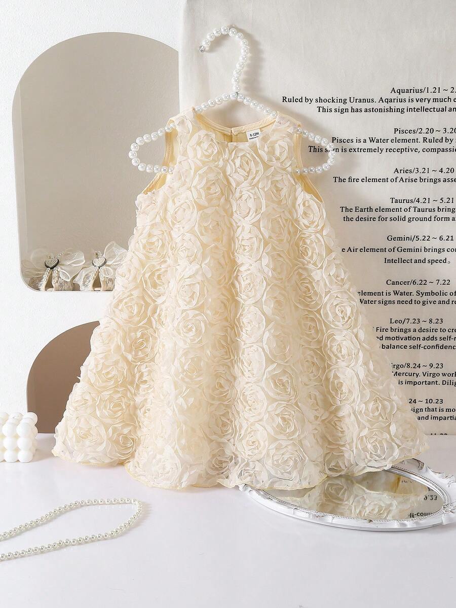 SHEIN Babygirl's Elegant And Lovely White Mesh Floral Sleeveless Dress - Apricot - View 1