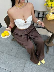 GalTyme 大码女式纯色抽绳腰宽松休闲裤，春夏款，适合2026年嘉年华女性造型，外出、海滩、度假皆宜，复古缎面百搭棕色 - 棕色 - 查看 5