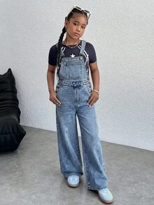 少女Y2K潮流休闲百搭纯色复古水洗背带裤休闲阔腿连体裤无袖牛仔背带裤，不含T恤，适合女孩春夏假期穿搭，夏季音乐会锐舞节宽松短裤街头风穿搭，返校穿搭 - 淺色水洗藍 - 查看 4