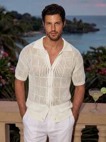 VIVINTIMO 男士休闲双色条纹纽扣开襟针织毛衣 针织纽扣衬衫 适合男士旧款，Rave - 白色 - 查看 3