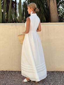 Livesso Holiday Outfit White Sleeveless Mock Neck Cinched Waist Midi Dress For Women, Summer Sundress - White - View 2