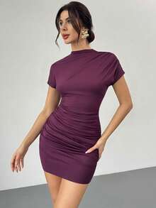 Firerie 女士优雅简约精致浪漫甜美日常通勤婚礼派对音乐节度假褶皱A字迷你连衣裙，纯色褶皱修身优雅连衣裙，垂褶派对连衣裙，女士正式场合连衣裙 - 酒紅色 - 查看 9