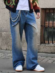 Manfinity EMRG 男士时尚复古破洞喇叭牛仔裤 - 深色水洗藍 - 查看 1