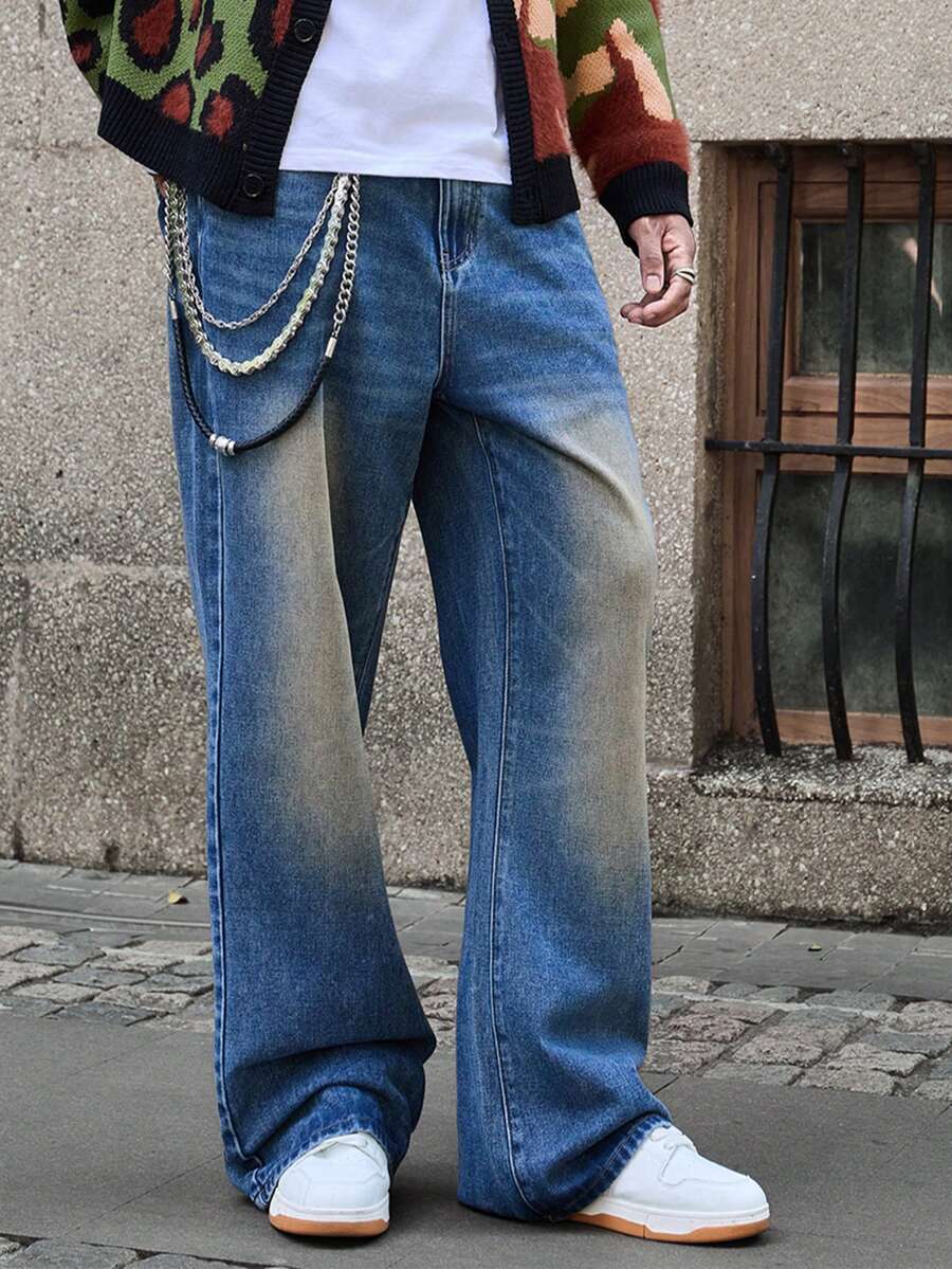 Manfinity EMRG 男士时尚复古破洞喇叭牛仔裤 - 深色水洗藍 - 查看 1