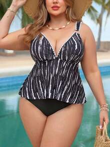 Swim Lushoire Plus Size Women's Black Two Pieces Tankini Swimwear,Summer Beach Vacation Holiday Minimalist Random Print Round Ring Wide Strap Pants Bathing Suit - Black - View 4